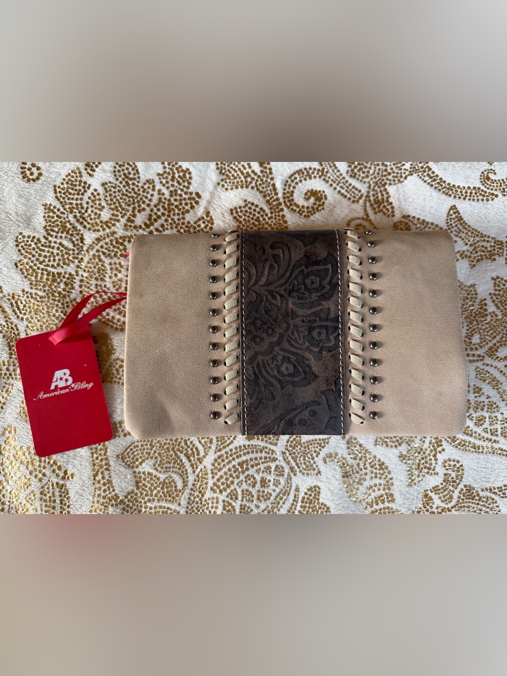 American Bling Taupe Crossbody Clutch with Dark Brown Embossed Panel
